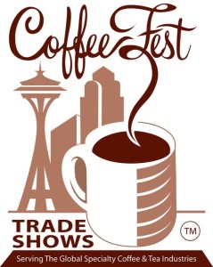 an illustrated coffee cup in front of the seattle skyline with lettering