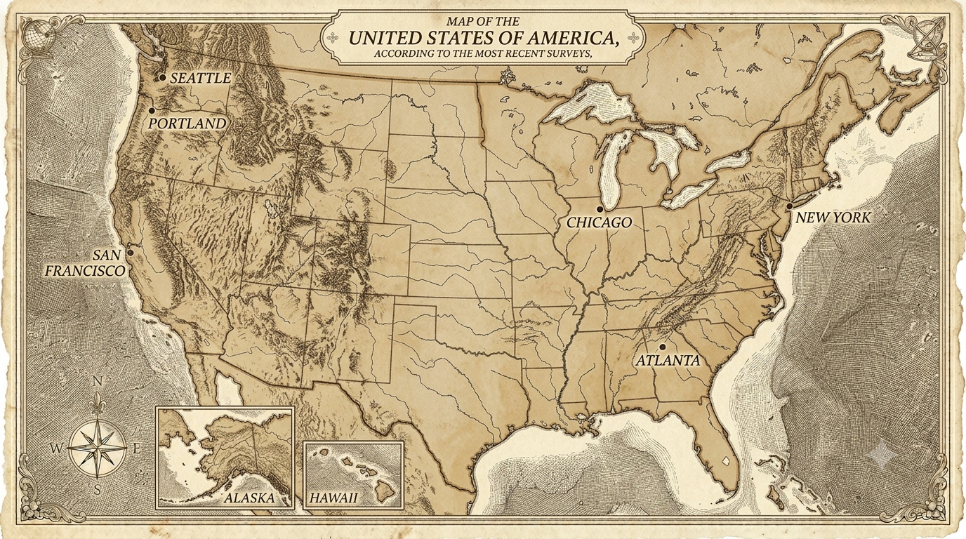 Antique cartographic engraving of the United States of America.